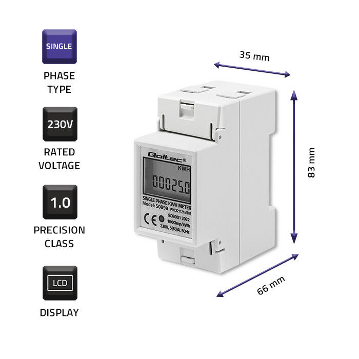 Digitálny elektromer Qoltec 50899 DIN 1-fázový 230V 60A